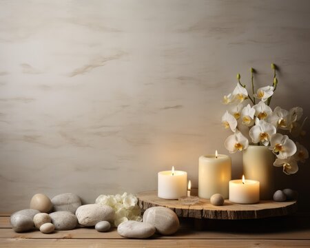 Spa card, candles, stones, flowers. Place for text. AI generation. 
