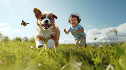 Dog with kid running lawn on house background. - obrazy, fototapety, plakaty