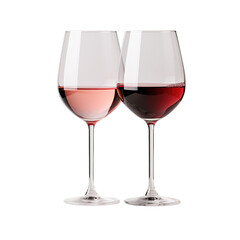 Two wine transparent glass on white background. Equally filled.