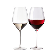 Two wine transparent glass on white background. Equally filled.