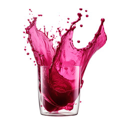 Beetroot juice splashing from a transparent water glass on white background.