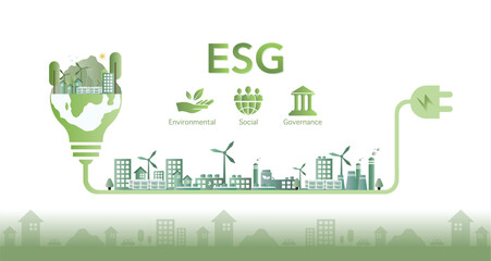 ESG icon concept environmental, social, and governance in sustainable and ethical business on the Network connection on a green background. Vector illustration - obrazy, fototapety, plakaty
