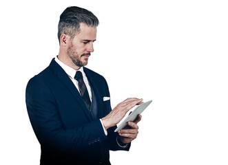Businessman, touchscreen and tablet for internet, reading and digital for information on social media. Person, holding and technology with website for news on isolated or transparent png background