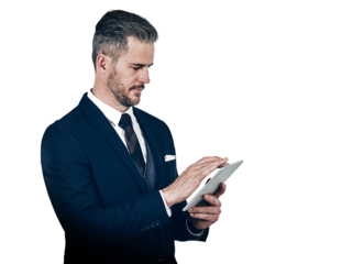 Businessman, touchscreen and tablet for internet, reading and digital for information on social media. Person, holding and technology with website for news on isolated or transparent png background