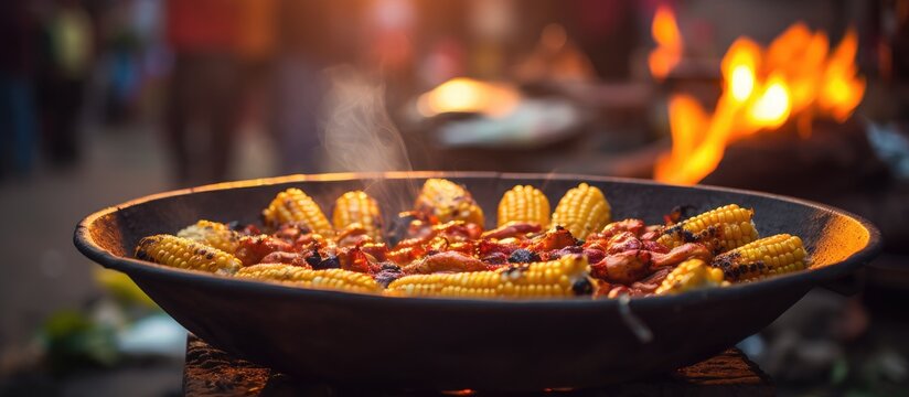 Street food in Lucknow, India, featuring grilled corn on charcoal.