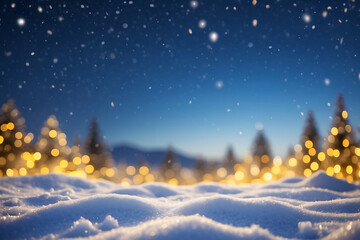 Fototapeta premium Snowdrift and defocused Christmas lights. Festive Christmas natural snowy landscape. Snow background with Copy space.