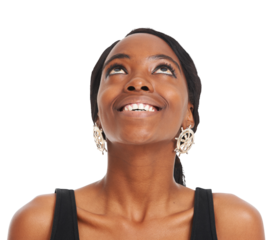 Isolated African woman, looking up and thinking for smile, ideas or vision by transparent png background. Girl, model or person with happy memory, decision or remember for choice with earring jewelry