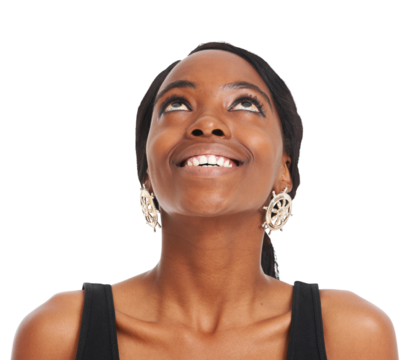 Isolated African woman, looking up and thinking for smile, ideas or vision by transparent png background. Girl, model or person with happy memory, decision or remember for choice with earring jewelry
