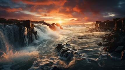 Sunset over the tranquil coastline, waves crashing on rocky cliffs. Generative AI