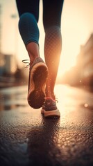 Close-up of women legs and feet in sneakers, engaged in sport, running, walking or hiking. The urban city street sunrise or sunset landscape background, active and healthy lifestyle concept.