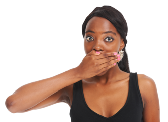 Woman, shock and cover mouth in portrait, what and omg for rumor, secret and announcement or info. Black female person, surprise and wtf for gossip, omg and isolated on transparent png background