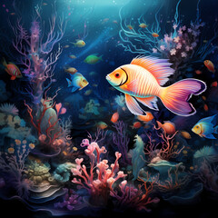 a pattern depicting a spectral and otherworldly symphony of underwater elements, including fish, coral, and plants