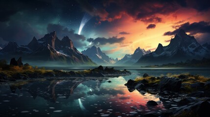 a mountain landscape with a river running through it. Generative AI