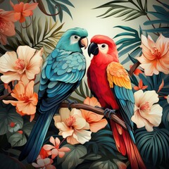 Fototapeta premium Illustration of two vibrant parrots perched on a blooming branch. Generative AI