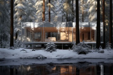 Modern Minimalist Cabin with Large Windows Nestled in a Snowy Forest Reflecting on a Calm Lake