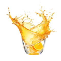 Fototapeten Citrus or orange juice realistic splash in a transparent glass on white background © PNGstock