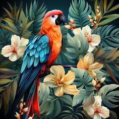 Fototapeta premium Summer Birds and tropical plants seamless pattern background. Generative AI