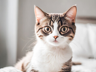 Cute tabby cat sitting on bed at home and looking at camera