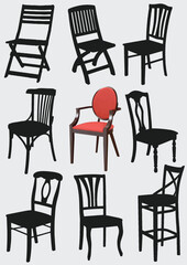 Big set of home chair silhouettes. Vector 3d  illustration. Hand drawn illustration