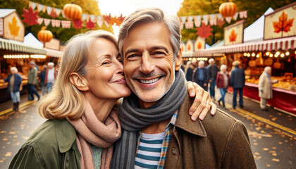 Two happy 56-year-olds, a woman kissing a man on the cheek while the man smiles