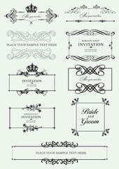 Set of ornate vector frames and ornaments with sample text. Perfect as invitation or announcement. All pieces are separate. Easy to change colors and edit. Hand drawn illustration