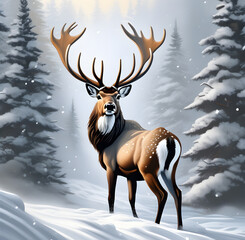 Snow-dusted reindeer captured rearing, muscular legs tensed and antlers reaching toward the grey, winter sky