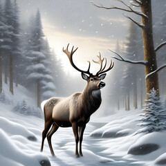 Snow-dusted reindeer captured rearing, muscular legs tensed and antlers reaching toward the grey, winter sky