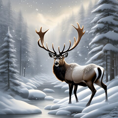 Snow-dusted reindeer captured rearing, muscular legs tensed and antlers reaching toward the grey, winter sky