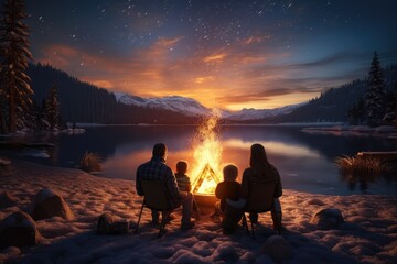 Obraz premium Family Enjoying a Campfire by a Snowy Lake under a Starry Night Sky in a Winter Forest
