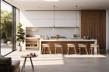 Fototapeta premium White Sleek Modern Kitchen with Wood Accents and Integrated Living Space