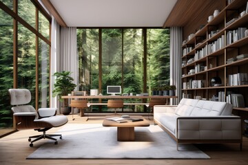 Amazing Home Office with Forest View, Modern Desk and Bookshelves, Leather Furniture