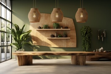 Natural Wood-Themed Dining Space with Handcrafted Wooden Table and Benches, Pendant Lights, and Lush Indoor Plants Against a Sage Green Wall for a Rustic Modern Interior - obrazy, fototapety, plakaty