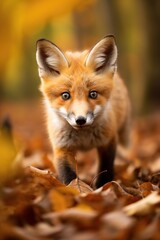 Red fox in the autumn forest. Beautiful wild animal in nature.