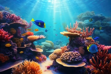 Naklejka na ściany i meble Sunlight Piercing Through the Ocean's Surface to Illuminate a Lively Coral Reef Teeming with Tropical Fish and Diverse Marine Flora, Reflecting a Healthy Underwater Ecosystem