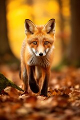 Fototapeta premium Red fox in the autumn forest. Beautiful wild animal in nature.
