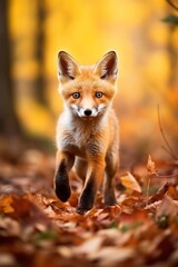 Fototapeta premium Red fox in the autumn forest. Beautiful wild animal in nature.