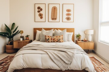 Fototapeta na wymiar Minimalist Bohemian Guest Bedroom Interior Featuring Earth Tones, Natural Textures, and Botanical Accents