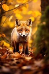 Fototapeta premium Red fox in the autumn forest. Beautiful wild animal in nature.