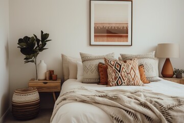 Boho-Chic Bedroom Detail, Close-Up of A Bed with Patterned Pillows, a Woven Bedside Stool, and Framed Textile Art