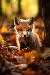 Red fox in the autumn forest. Beautiful wild animal in nature.