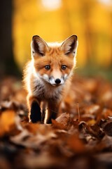 Red fox in the autumn forest. Beautiful wild animal in nature.