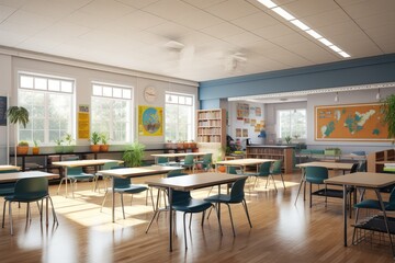 Fototapeta na wymiar Sunny and Spacious Classroom Interior with Educational Posters, Multiple Desks for Students, Large Windows Providing Natural Light
