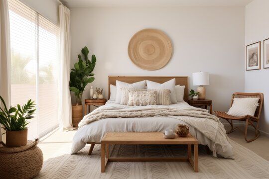 Sunny Bohemian Guest Bedroom, Bright Space with A Natural Wood Bed Frame, Textured Linens, Round Wall Decor, and Indoor Greenery