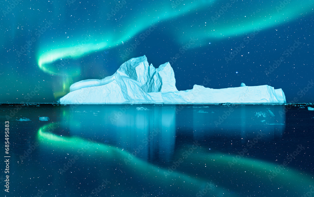 Wall mural iceberg floating in greenland fjord with aurora borealis - greenland