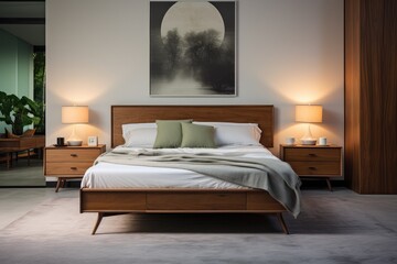 Mid Century Modern Bedroom Interior Featuring a Bed Frame, Twin Nightstands, Ambient Wall Lights, and Abstract Art
