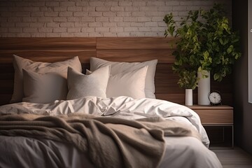 Earth-Toned Bedding with Multiple Pillows Against a Wooden Headboard, Complemented by A Small Potted Plant, Brick Wall