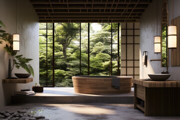 Zen-Inspired Spa Bathroom with Custom Wooden Bathtub, Elegant Stone Basin, Tranquil Forest View through Floor-to-Ceiling Windows, and Soft Natural Lighting