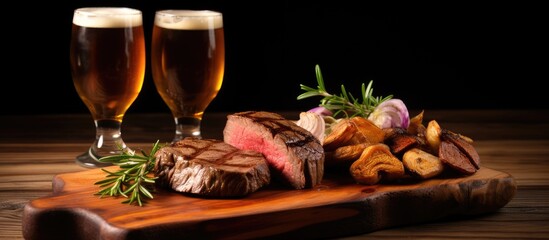 Served on a wooden board, two glasses hold chilled tulipa beer with grilled sliced cap rump steak (Brazilian picanha).