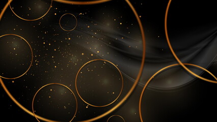 Black smooth wavy background with golden dots and circles
