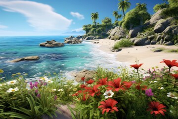 Tropical Beach Paradise with Lush Flowers and Crystal Clear Waters